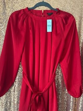 AnnTaylor Red Long Sleeve Tie-Waist Dress